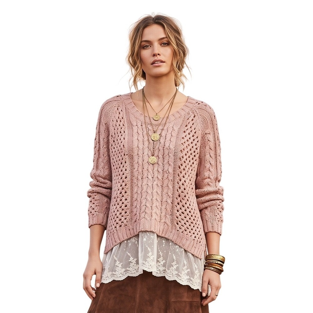 POL Pink Confetti Cable Knit Lace Hem Sweater Large Boho Whimsy Soft Girl NEW